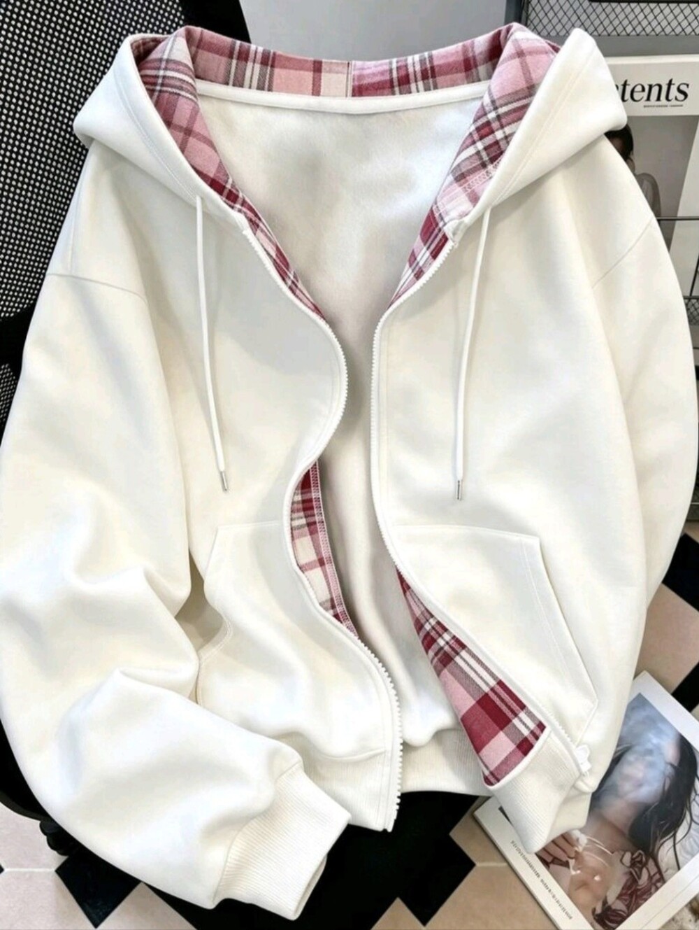 Outdoor Casual Sports Outfit, White, Pattern, Pink Plaid, Women's Double Layer
